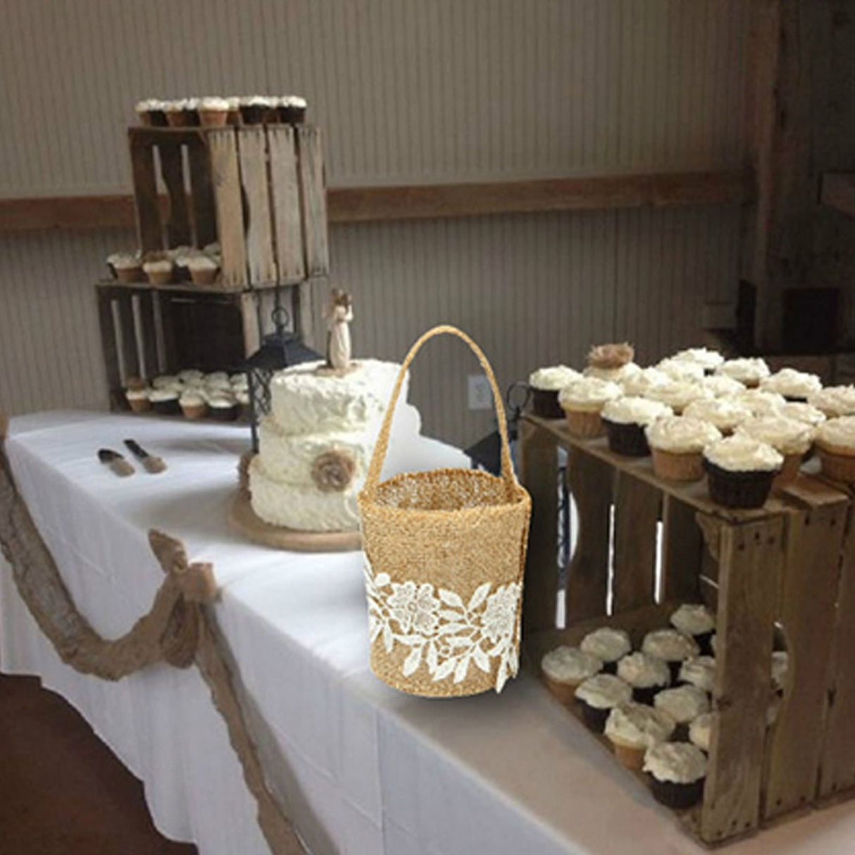 Burlap Flower Basket European Retro Flower Girl Basket Handmade Wedding Candy Basket
