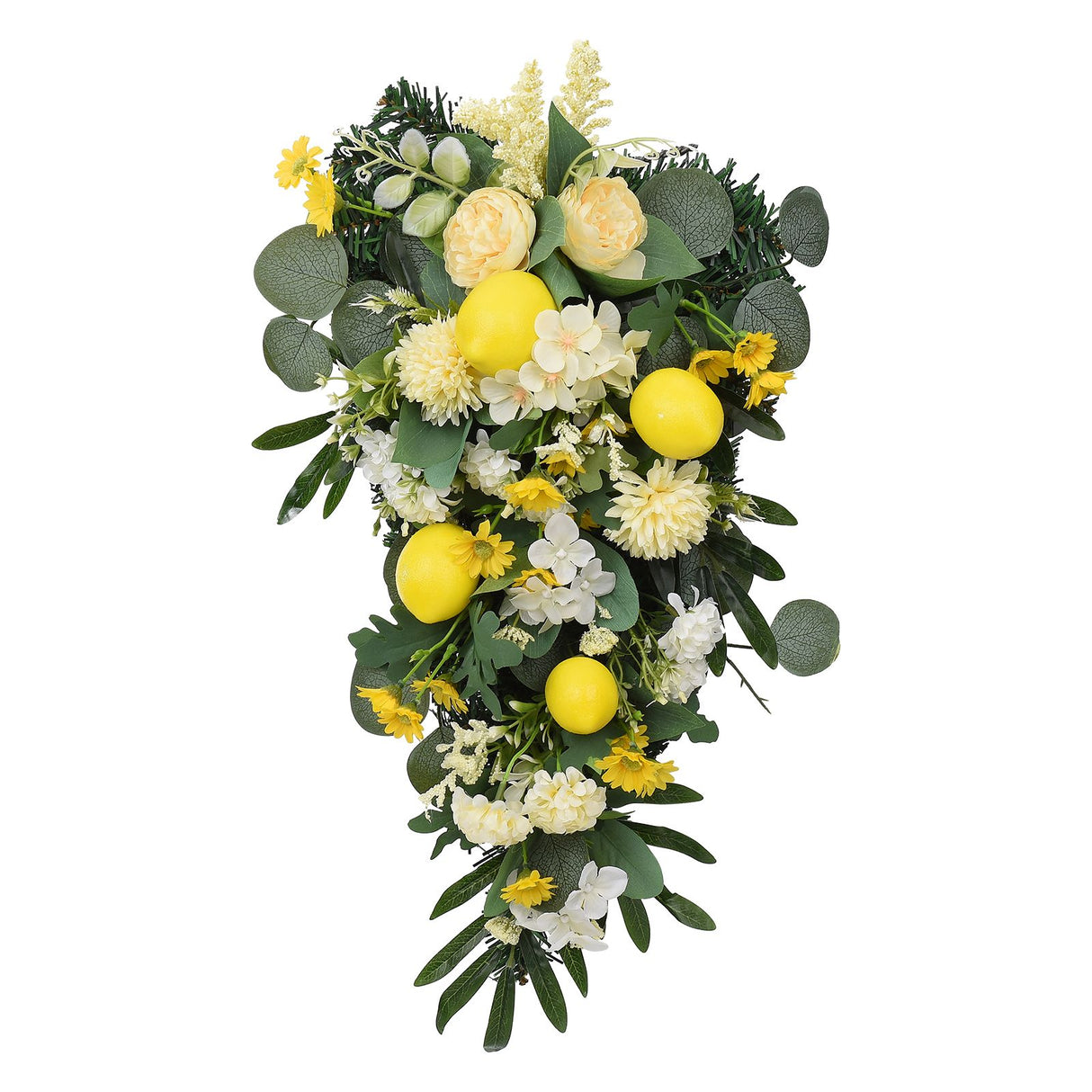 Spring Lemon Wreath Artificial Lemon Teardrop Wreath with Peony Flowers Green Leaves Decorative Fruit Wreath
