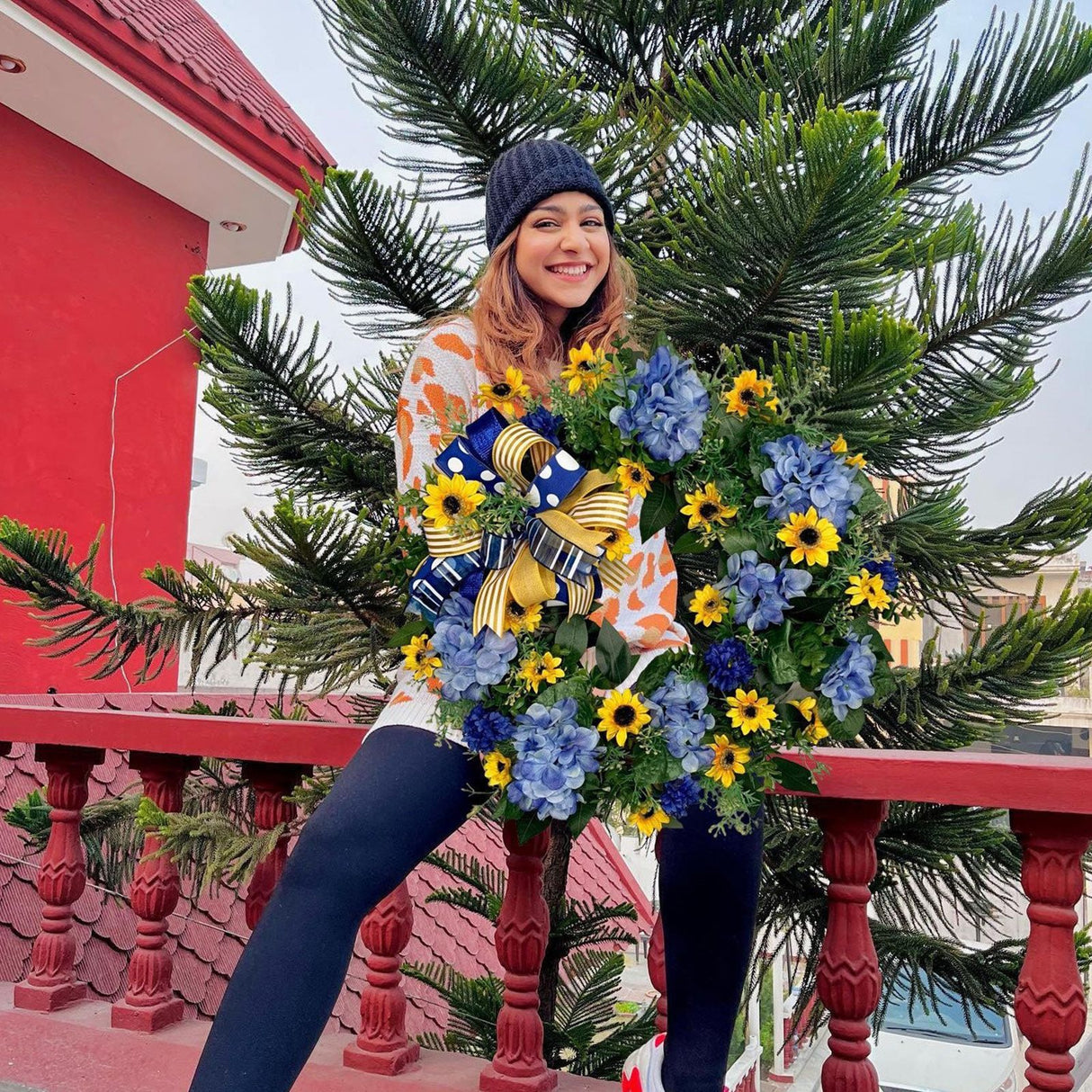 Blue and Yellow Wreaths Flower Garland Front Door