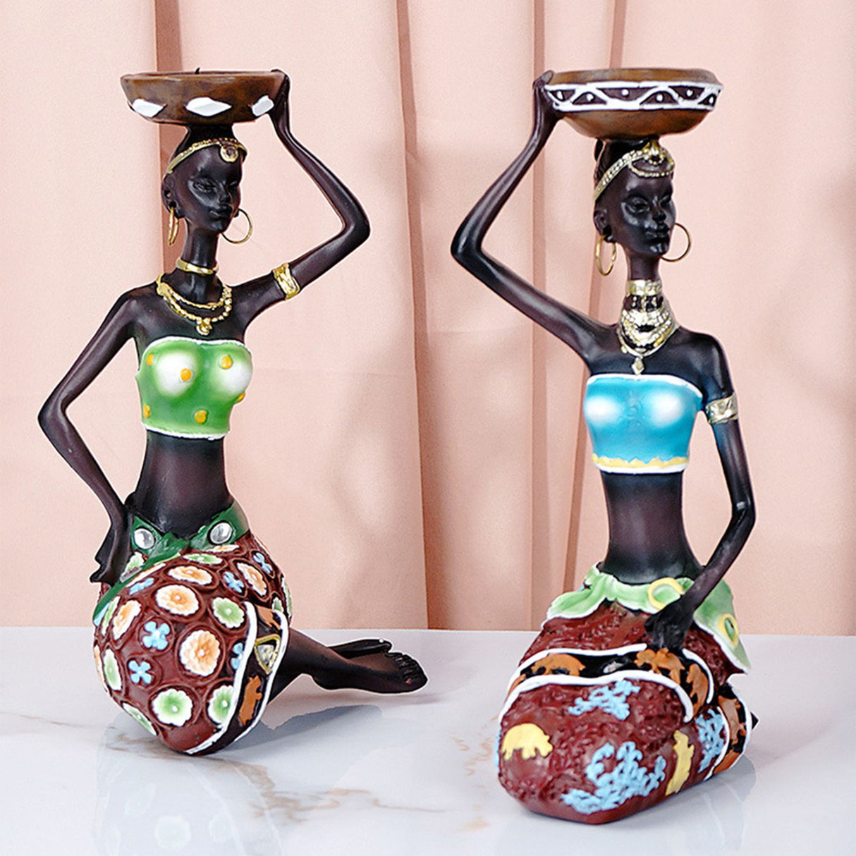 2PCS Vintage African Women Statue Candle Holders Resin Figurines Fits Up to 3.5cm Diameter Candles