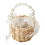 2pcs Pearl Carrying Basket Brown Rattan Small Pearl Handle Flower Basket for Wedding Gift Packaging - Front View