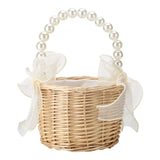2pcs Pearl Carrying Basket Brown Rattan Small Pearl Handle Flower Basket for Wedding Gift Packaging - Side View