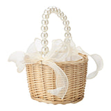 2pcs Pearl Carrying Basket Brown Rattan Small Pearl Handle Flower Basket for Wedding Gift Packaging - Rear View