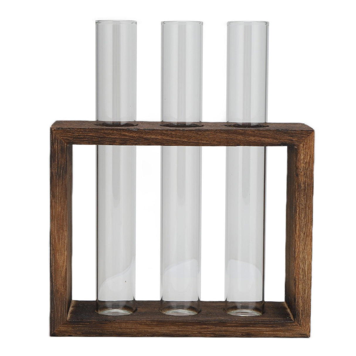 Tabletop Glass Tube Vase High Borosilicate Glass Pine Wood Frame Retro Tube Plant Vase for Hydroponic Plants Home Decoration3 Bottles