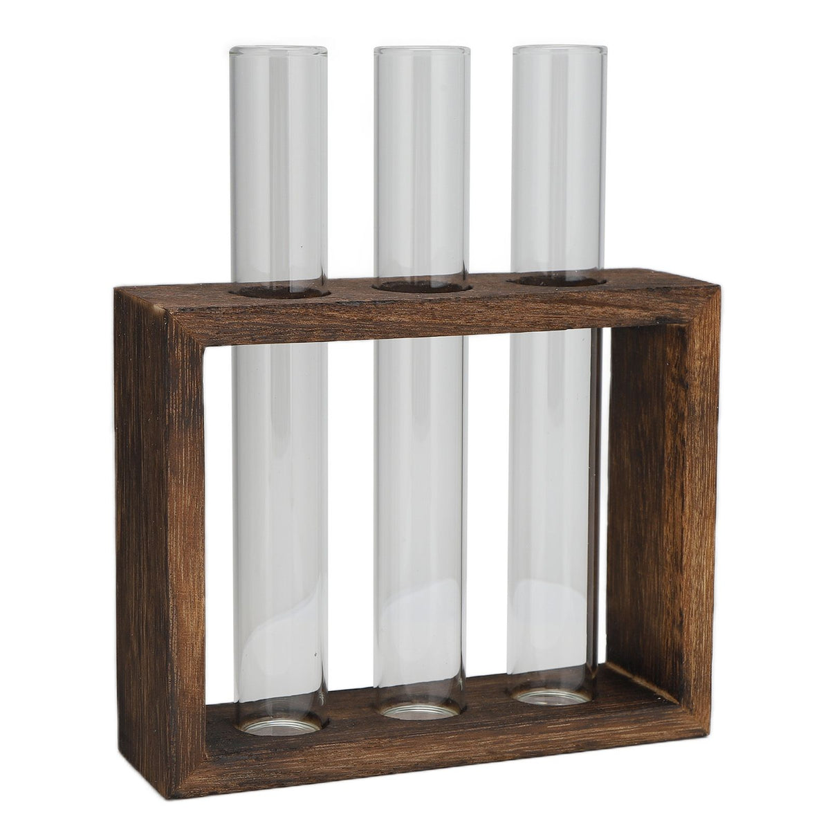 Tabletop Glass Tube Vase High Borosilicate Glass Pine Wood Frame Retro Tube Plant Vase for Hydroponic Plants Home Decoration3 Bottles