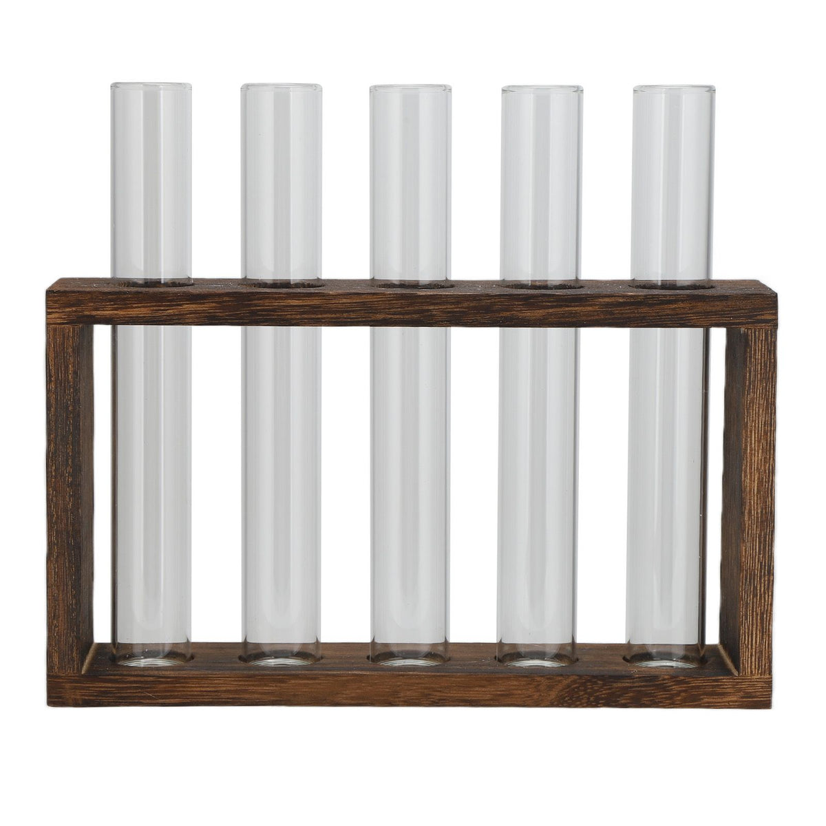 Tabletop Glass Tube Vase High Borosilicate Glass Pine Wood Frame Retro Tube Plant Vase for Hydroponic Plants Home Decoration5 Bottles