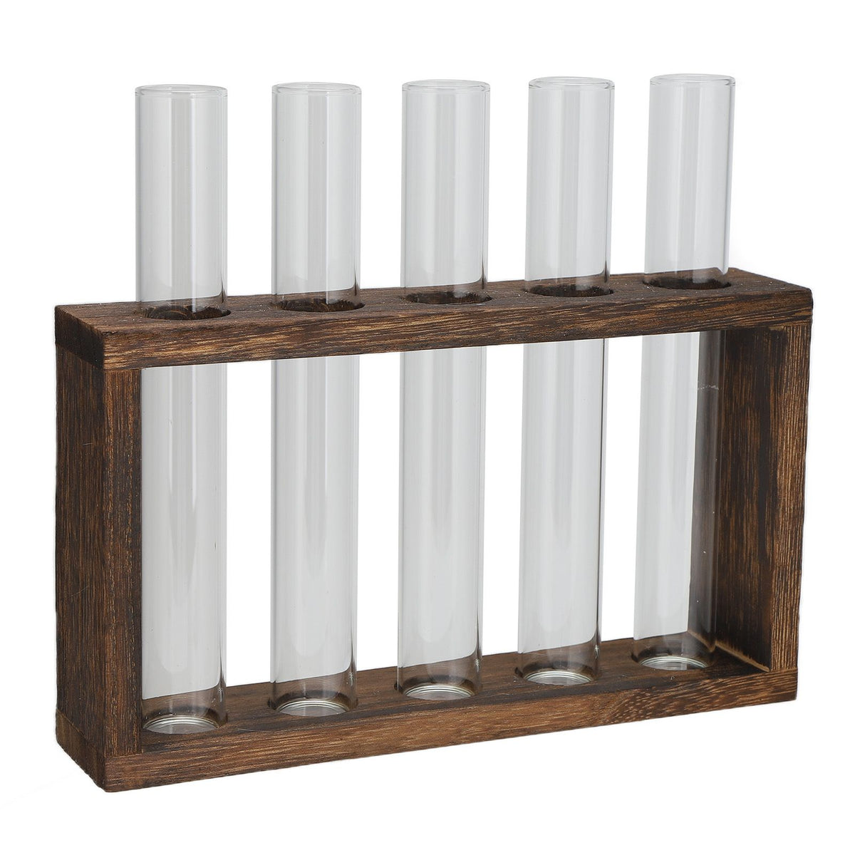 Tabletop Glass Tube Vase High Borosilicate Glass Pine Wood Frame Retro Tube Plant Vase for Hydroponic Plants Home Decoration5 Bottles