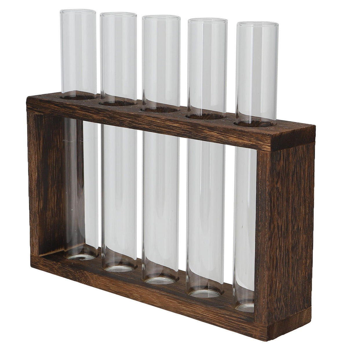 Tabletop Glass Tube Vase High Borosilicate Glass Pine Wood Frame Retro Tube Plant Vase for Hydroponic Plants Home Decoration5 Bottles