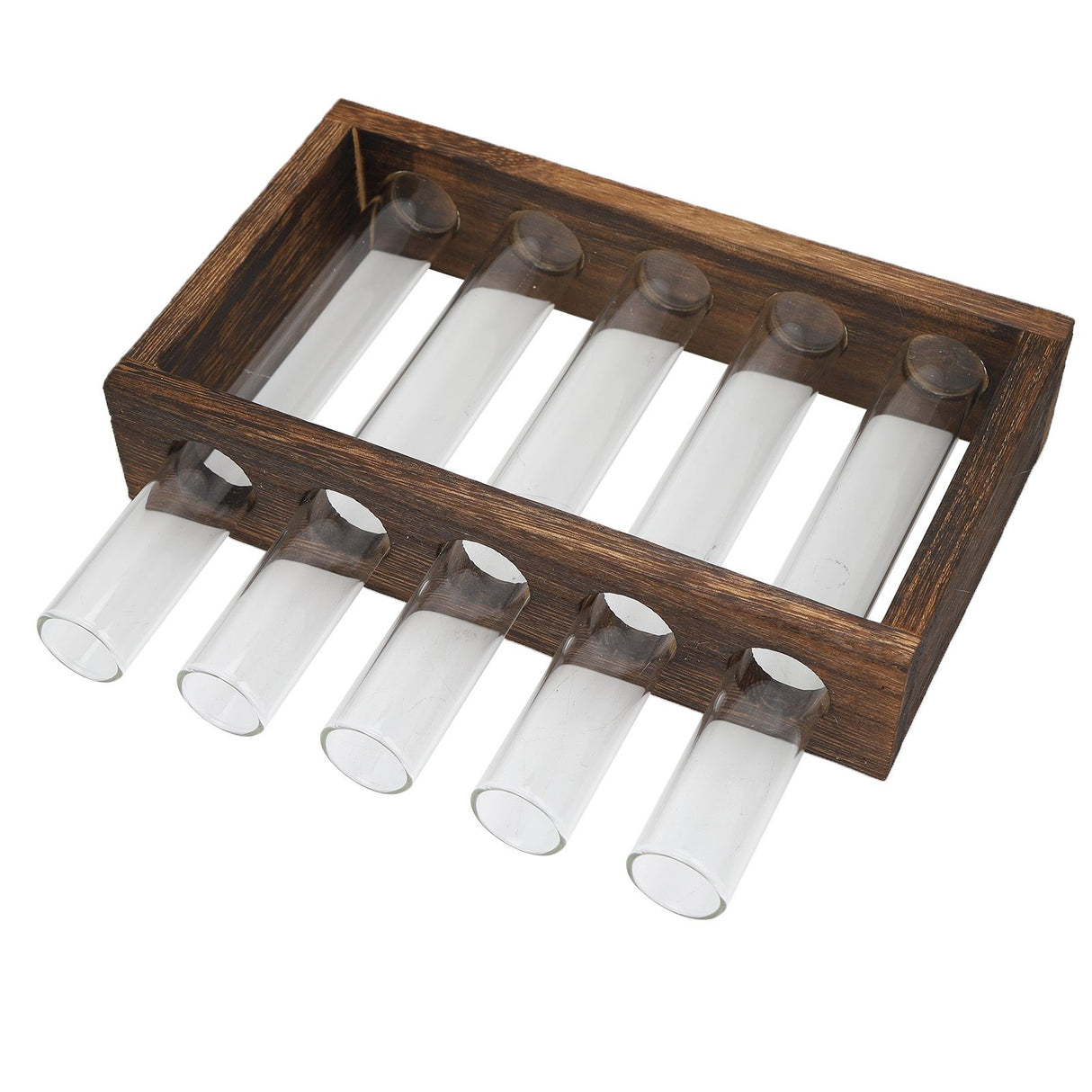 Tabletop Glass Tube Vase High Borosilicate Glass Pine Wood Frame Retro Tube Plant Vase for Hydroponic Plants Home Decoration5 Bottles