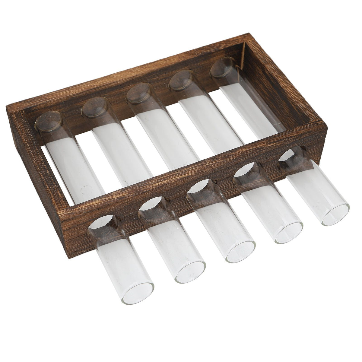 Tabletop Glass Tube Vase High Borosilicate Glass Pine Wood Frame Retro Tube Plant Vase for Hydroponic Plants Home Decoration5 Bottles