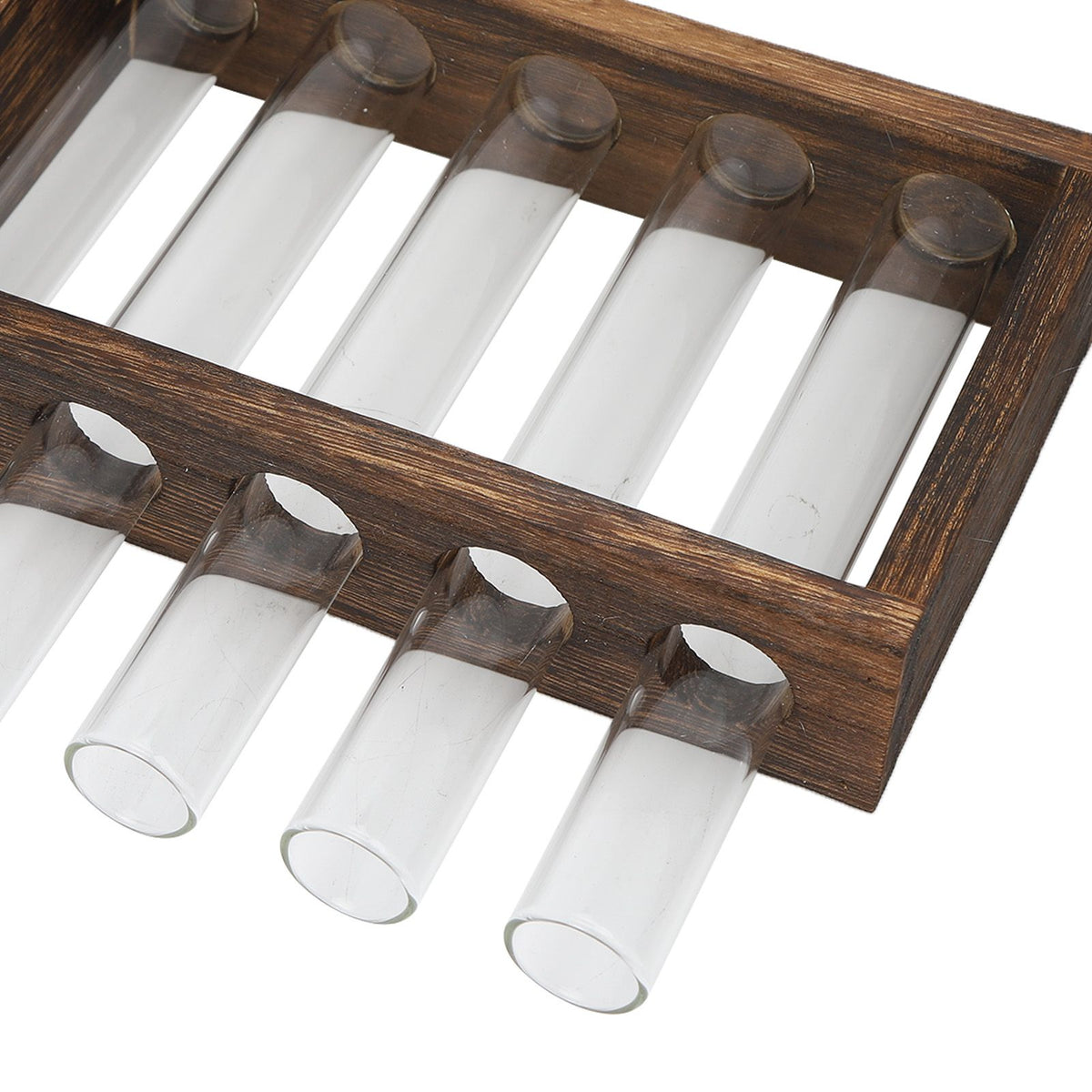 Tabletop Glass Tube Vase High Borosilicate Glass Pine Wood Frame Retro Tube Plant Vase for Hydroponic Plants Home Decoration5 Bottles
