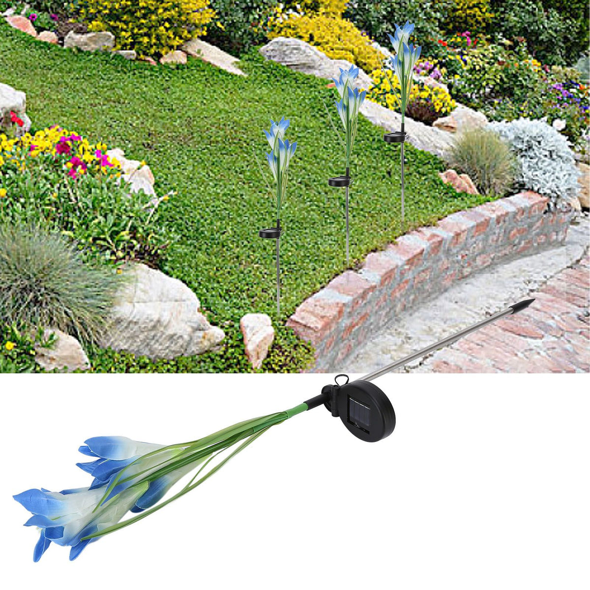 Solar Powered Flower Lights Waterproof Outdoor Solar Garden Stake Lights for Garden Patio Backyard(Blue White )