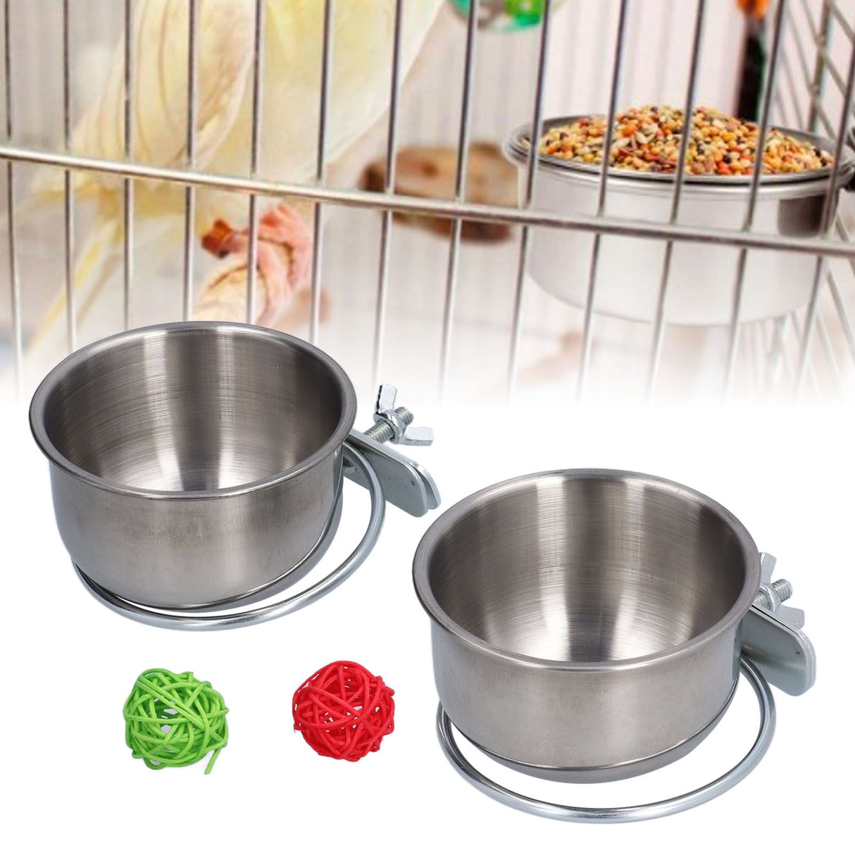 Stainless Steel Parrot Feeding Bowl with Rattan Ball for Hamster Small Animals