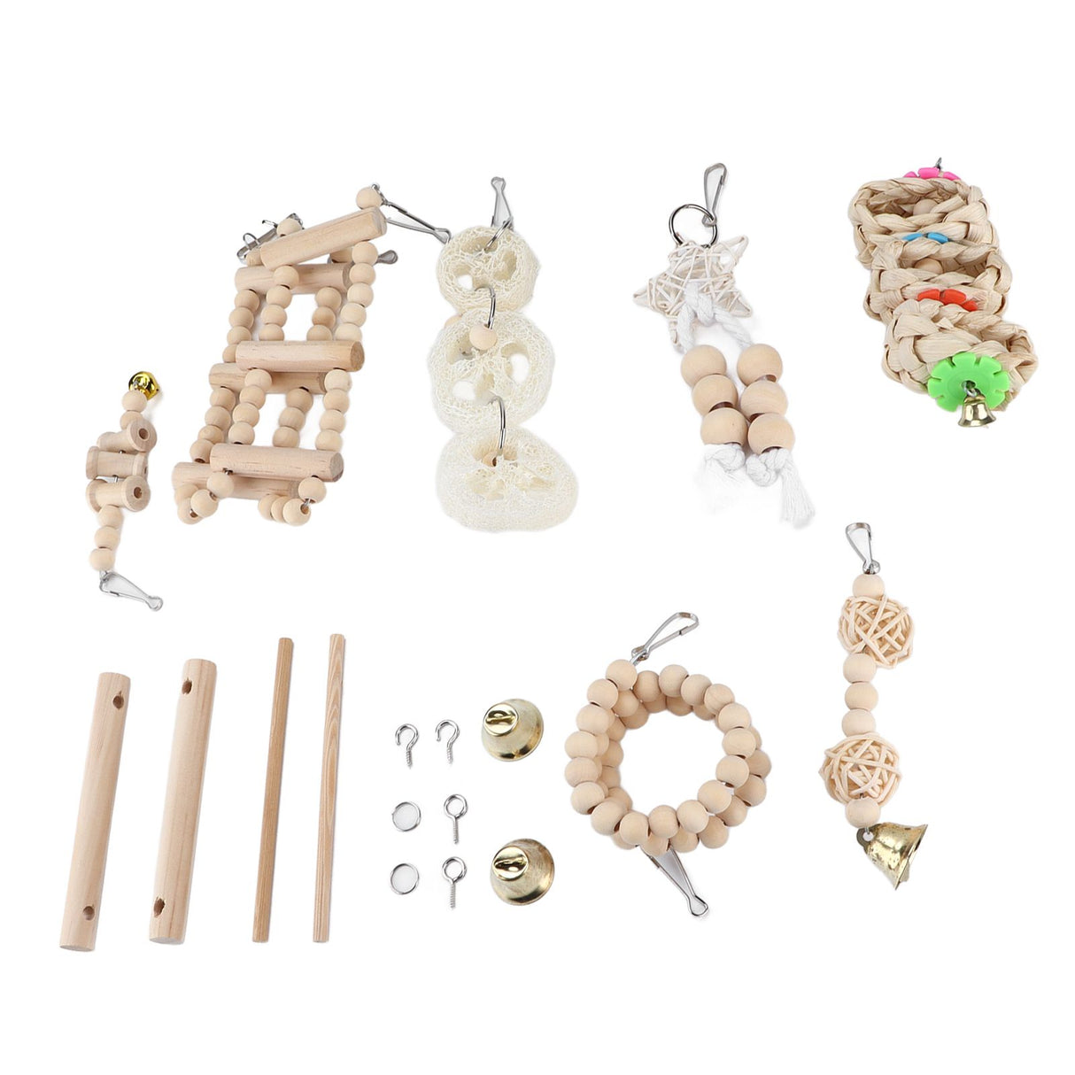8 Pcs Parrot Toy Wooden Birds Swing Chewing Toy Pet Birds Cage Nest Hanging Toys Spiral Ladders Vertical Roosting Toys