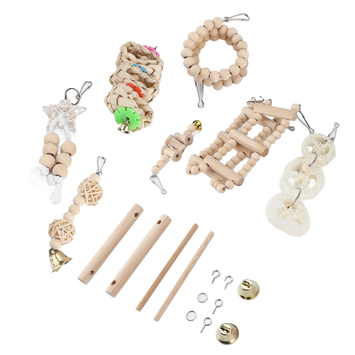 8 Pcs Parrot Toy Wooden Birds Swing Chewing Toy Pet Birds Cage Nest Hanging Toys Spiral Ladders Vertical Roosting Toys