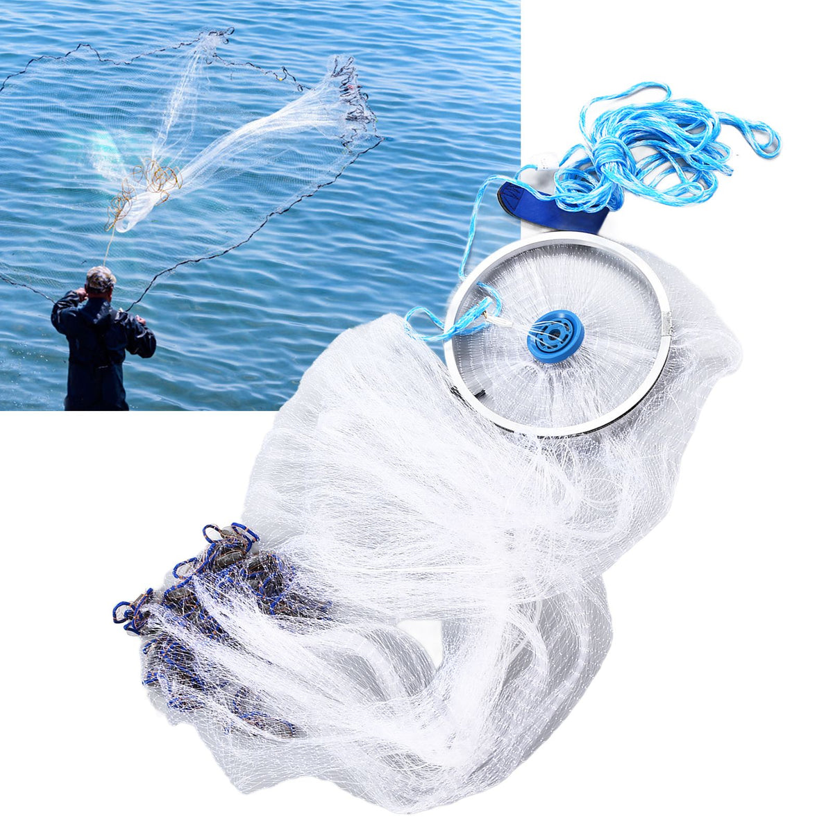 Bait Net American Style Aluminum Ring Monofilament Manual Lightweight Throw Cast Net for Sea Pool