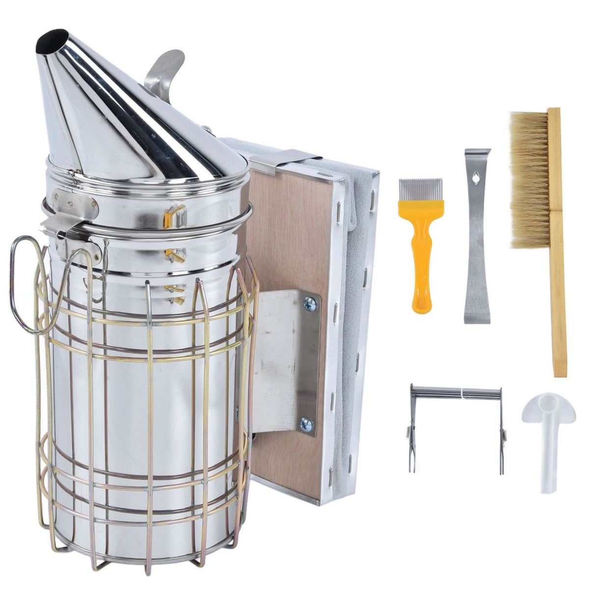 6Pcs/Set Beekeeping Starter Kit Beehive Smoker Frame Grip Uncapping Fork Bee Feeder Brush Scraper Tools