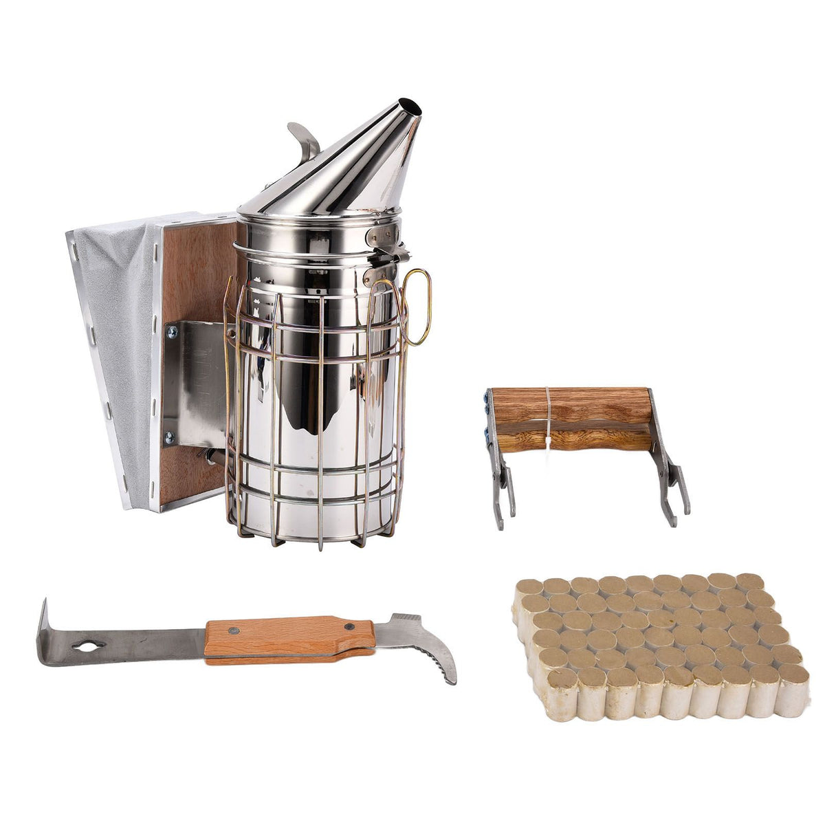 4PCS/Set Beehive Smoker Set Frame Clip Scraper Moxa Cone Stainless Steel Smoker Beekeeper Starter Kit for Beekeeping