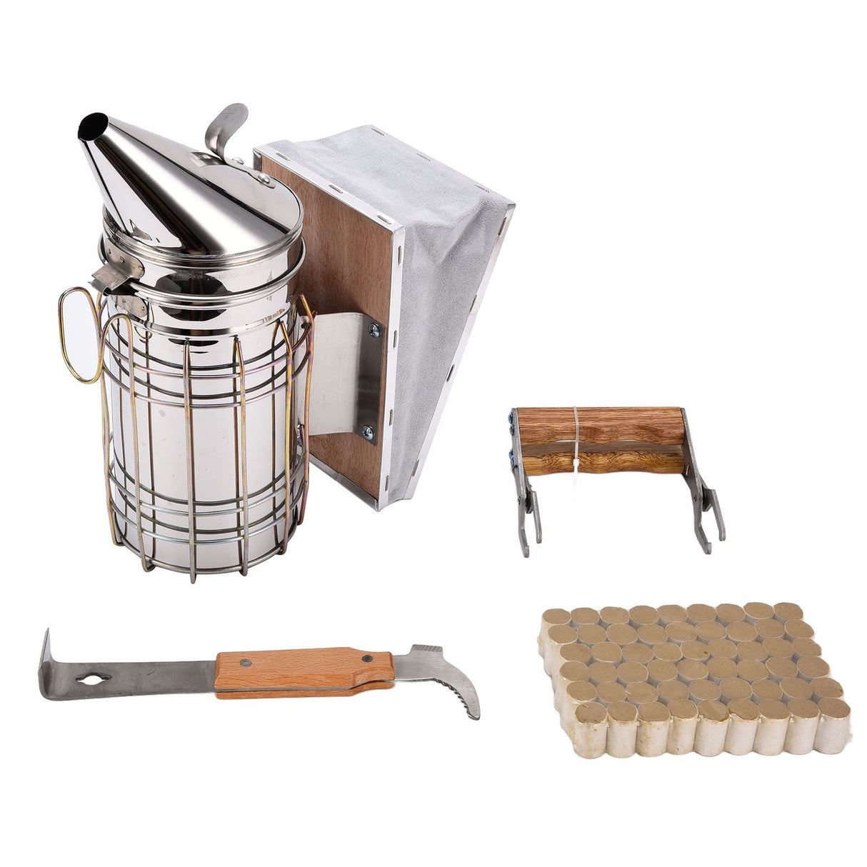 4PCS/Set Beehive Smoker Set Frame Clip Scraper Moxa Cone Stainless Steel Smoker Beekeeper Starter Kit for Beekeeping