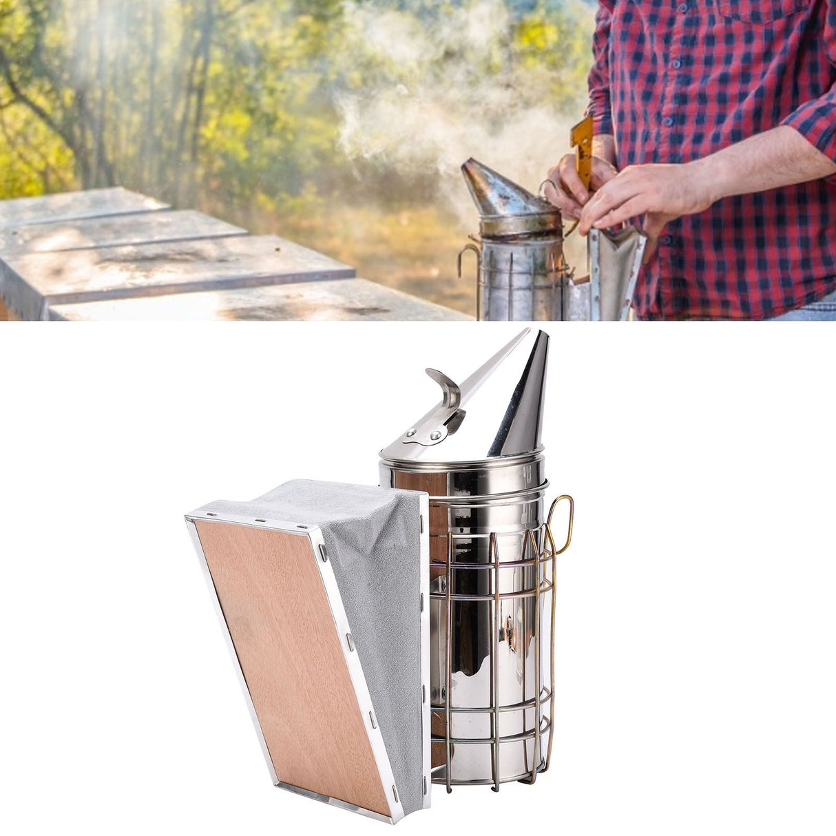 4PCS/Set Beehive Smoker Set Frame Clip Scraper Moxa Cone Stainless Steel Smoker Beekeeper Starter Kit for Beekeeping