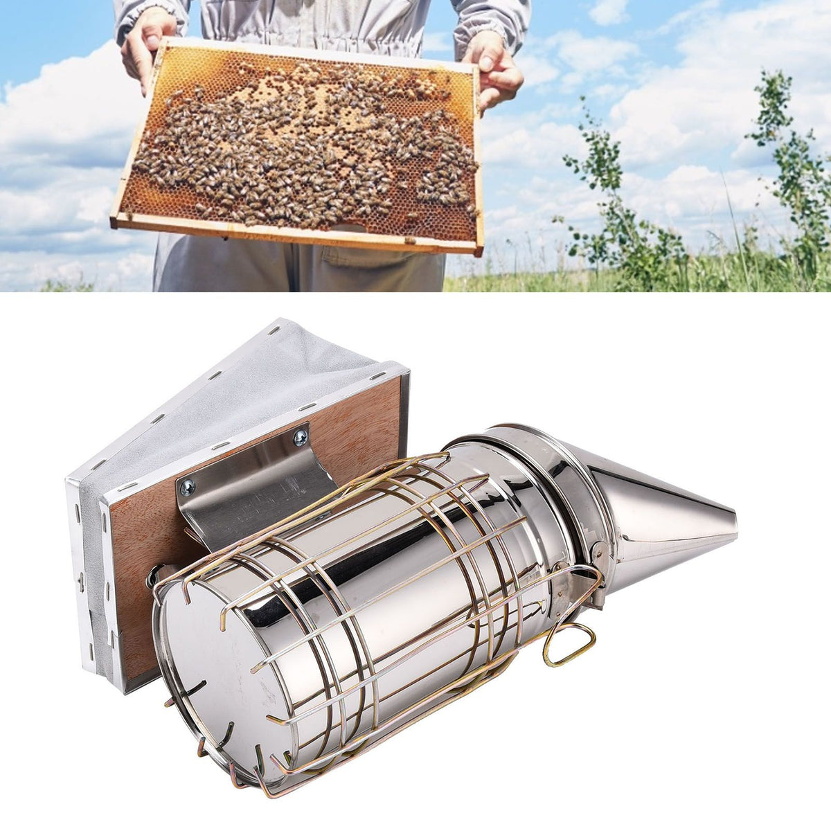 4PCS/Set Beehive Smoker Set Frame Clip Scraper Moxa Cone Stainless Steel Smoker Beekeeper Starter Kit for Beekeeping