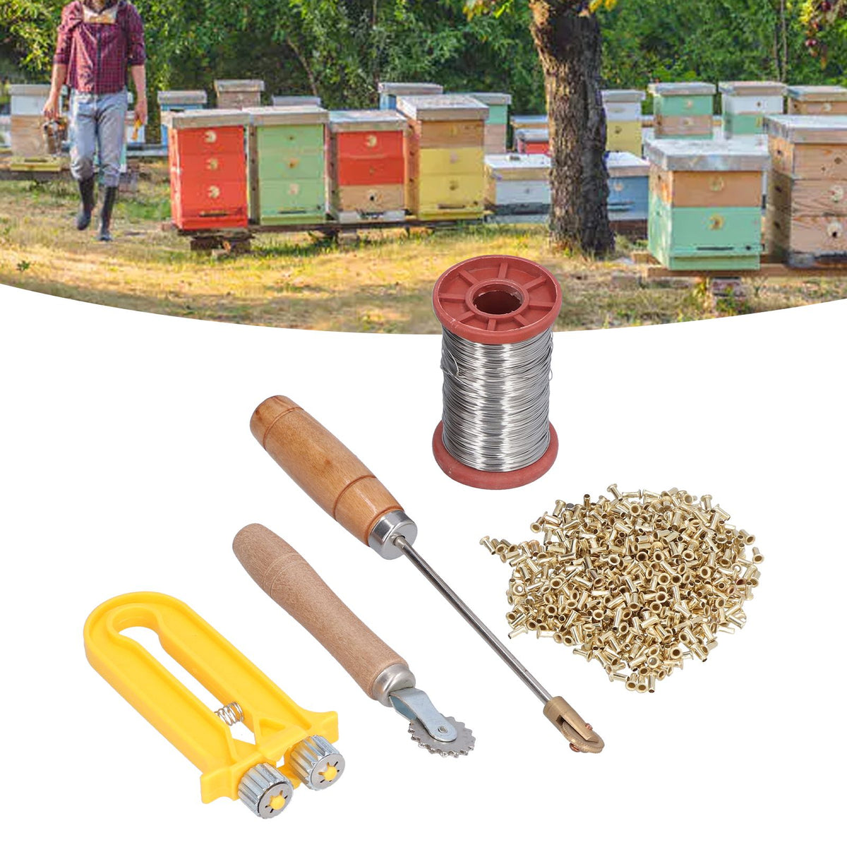 Beekeeping Starter Tools Kit Wire Embedder Beehive Wire Tensioner with Copper Eyelets Iron Wires