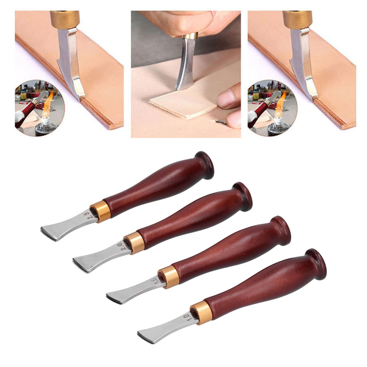 4pcs Leather Edgers Sharp Professional Trimming Working Kit with Wooden Handle for DIY Craft Leather Cutting