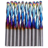 10Pcs Router Bits Tungsten Steel Spiral Flute Milling Cutter Tool with Plating Blue for Wood PVC Nylon