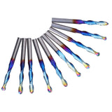 10Pcs Router Bits Tungsten Steel Spiral Flute Milling Cutter Tool with Plating Blue for Wood PVC Nylon