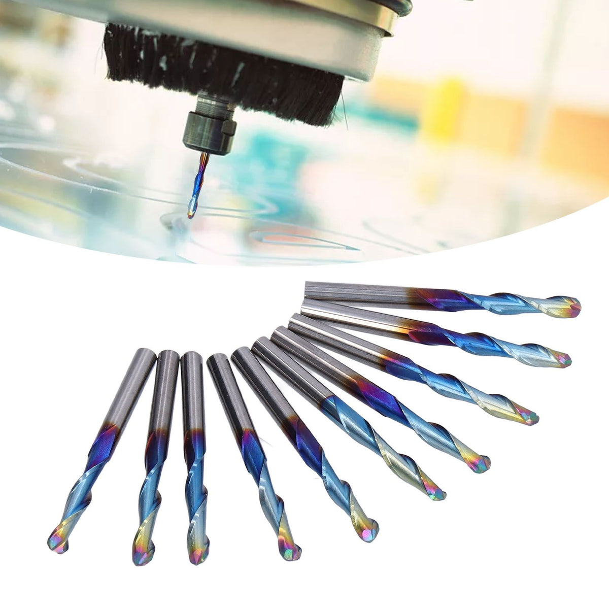 10Pcs Router Bits Tungsten Steel Spiral Flute Milling Cutter Tool with Plating Blue for Wood PVC Nylon