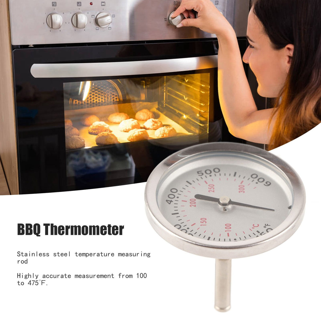 Grill Thermometer Stainless Steel Bimetallic High Accuracy 100‑475℉ Easy Assembly Wide Application BBQ Thermometer