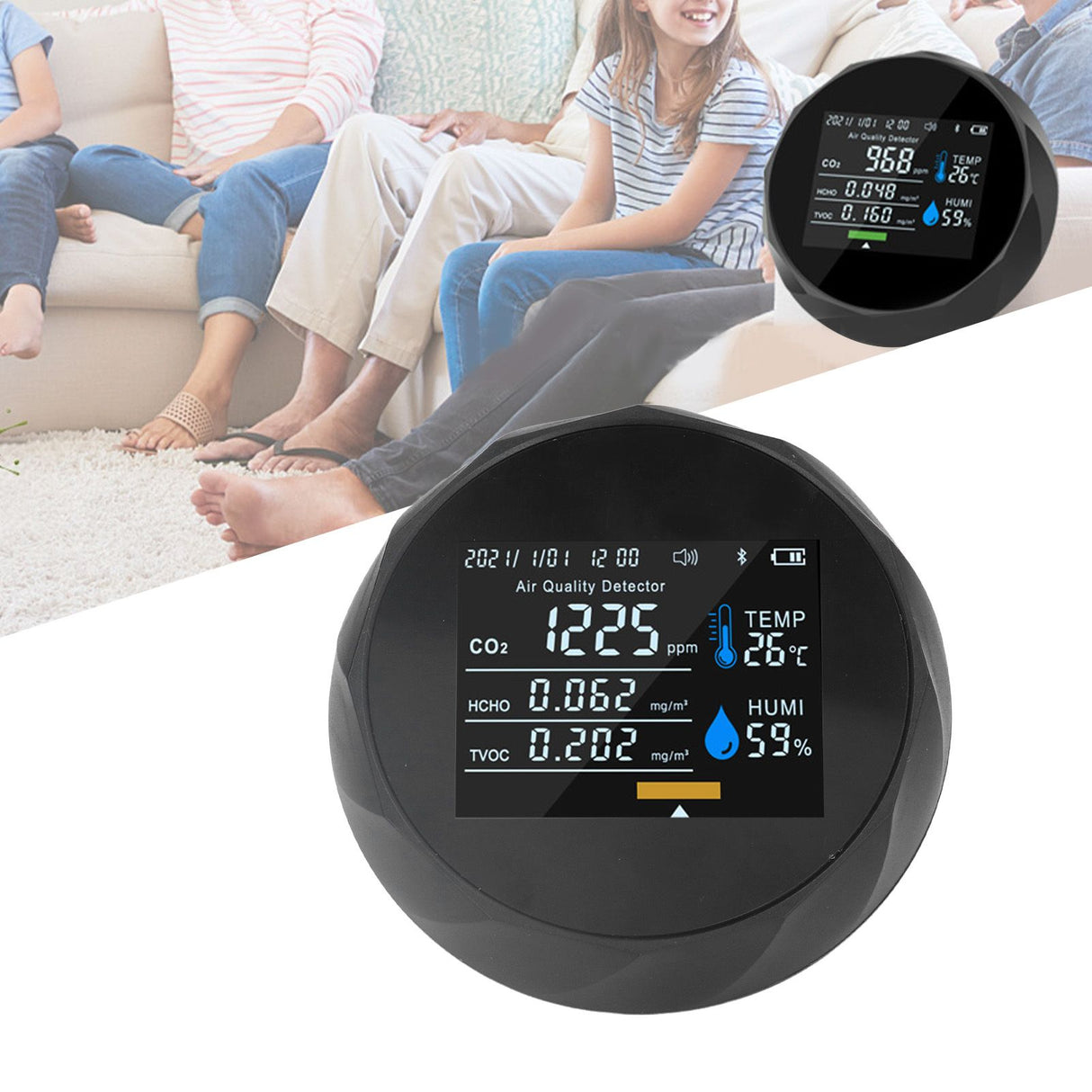 Air Quality Monitor Real Time Intelligent Color Screen Display USB Charging Portable Digital Air Quality Detector 5VBlack