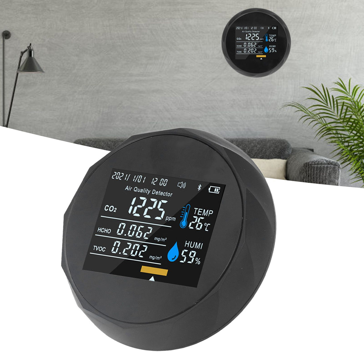 Air Quality Monitor Real Time Intelligent Color Screen Display USB Charging Portable Digital Air Quality Detector 5VBlack