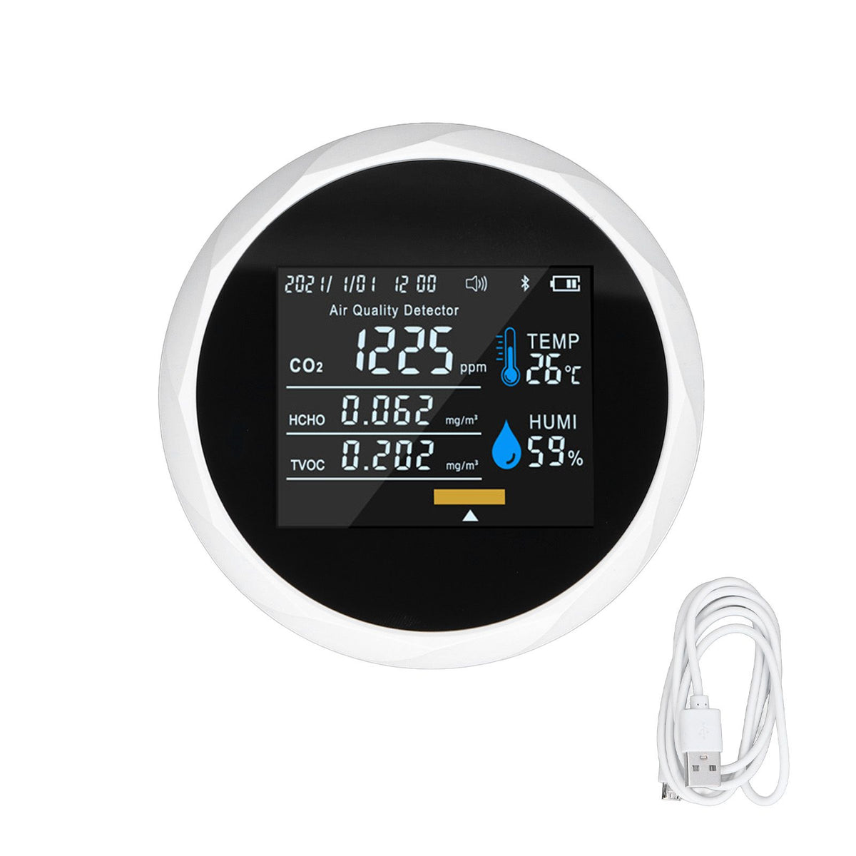 Air Quality Monitor Real Time Intelligent Color Screen Display USB Charging Portable Digital Air Quality Detector 5VWhite
