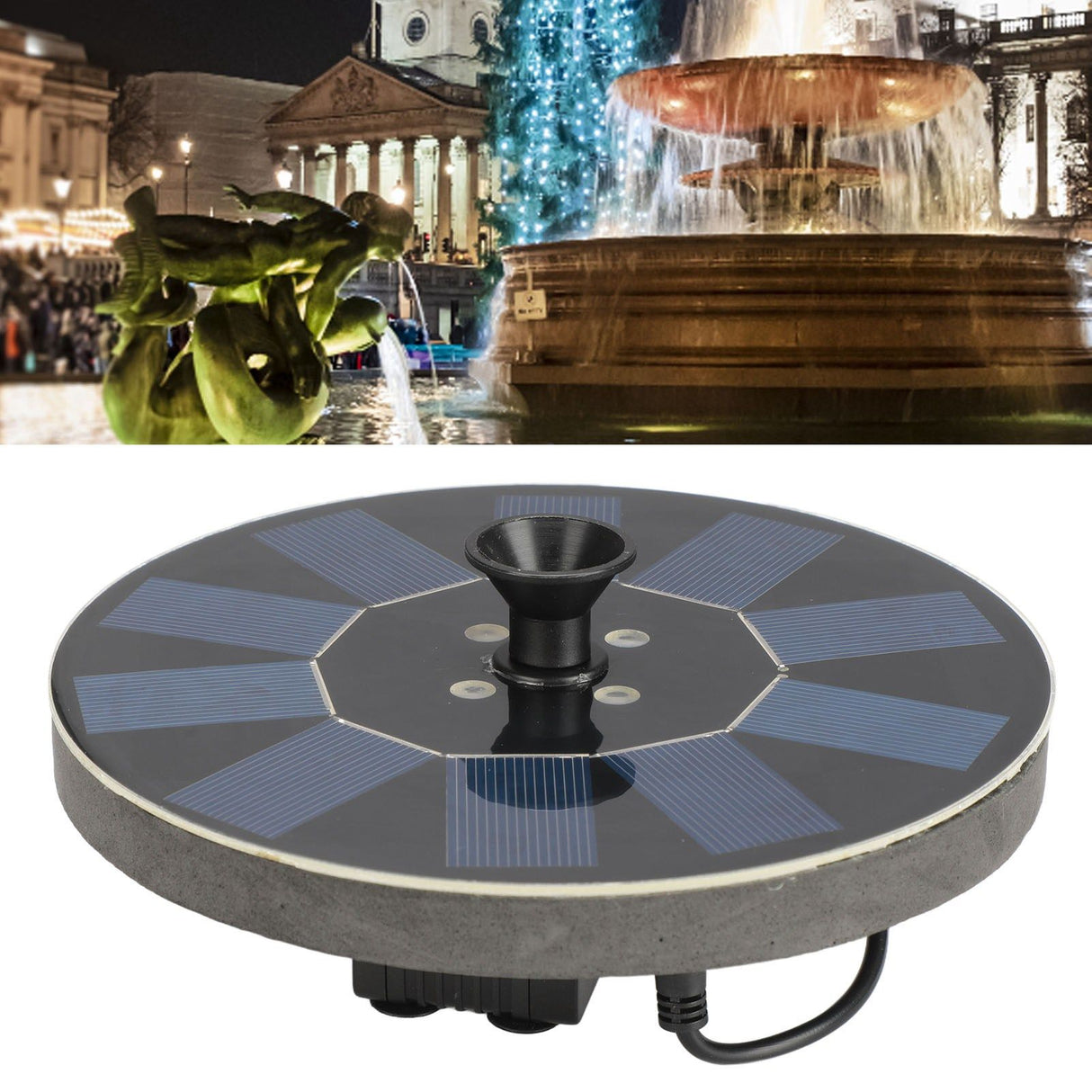 Solar Fountain Round 1.4W Floating Solar Landscape Fountain with Lights for Pool Pond Garden Decoration Black
