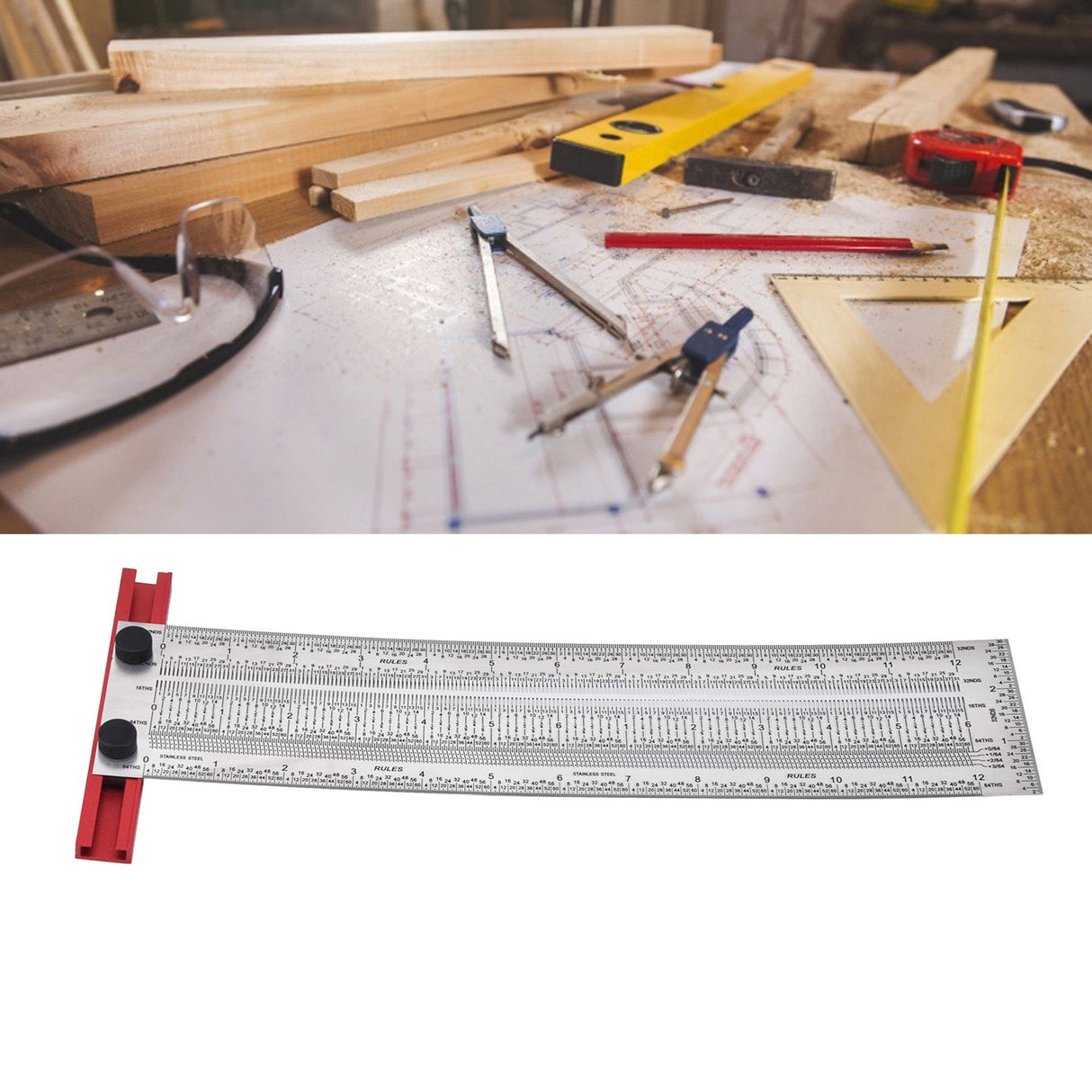 T Rule Stainless Steel Silver Scribing Ruler Woodworking Measuring Tool Positioning Gauge 12in