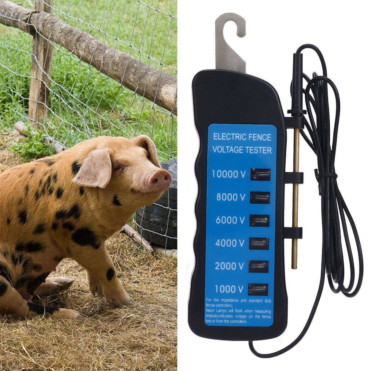 Electric Fence Tester Voltage Meter 10000V Waterproof Portable Tool with 6pcs Light for Farm