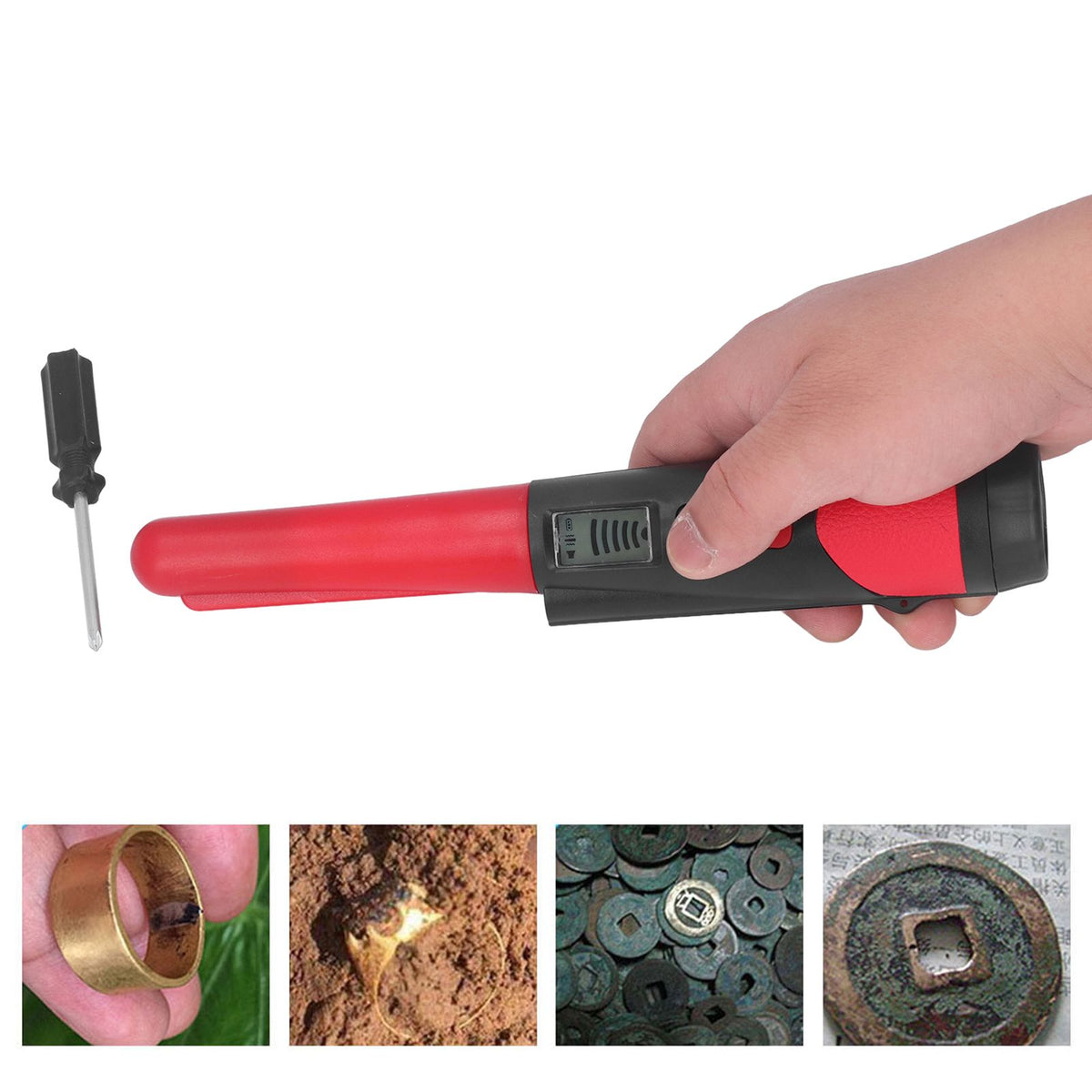 Metal Detector Professional High Sensitivity Portable Handheld Metal Detector with LCD Display Flashlight Function Red