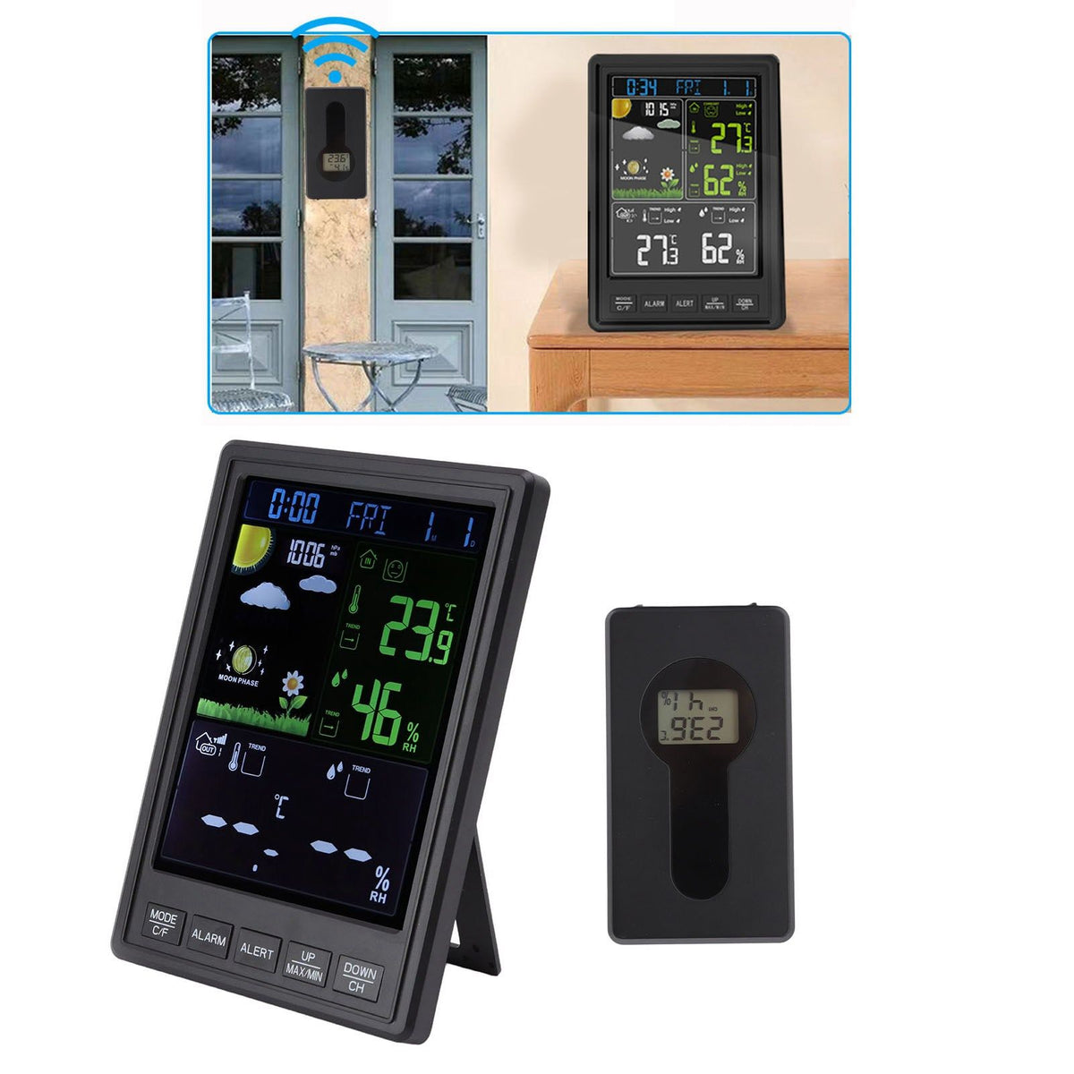 Weather Stations Wireless Indoor Outdoor Color Display Black 3 Channels Regulable Backlight Clock Thermometer for Home