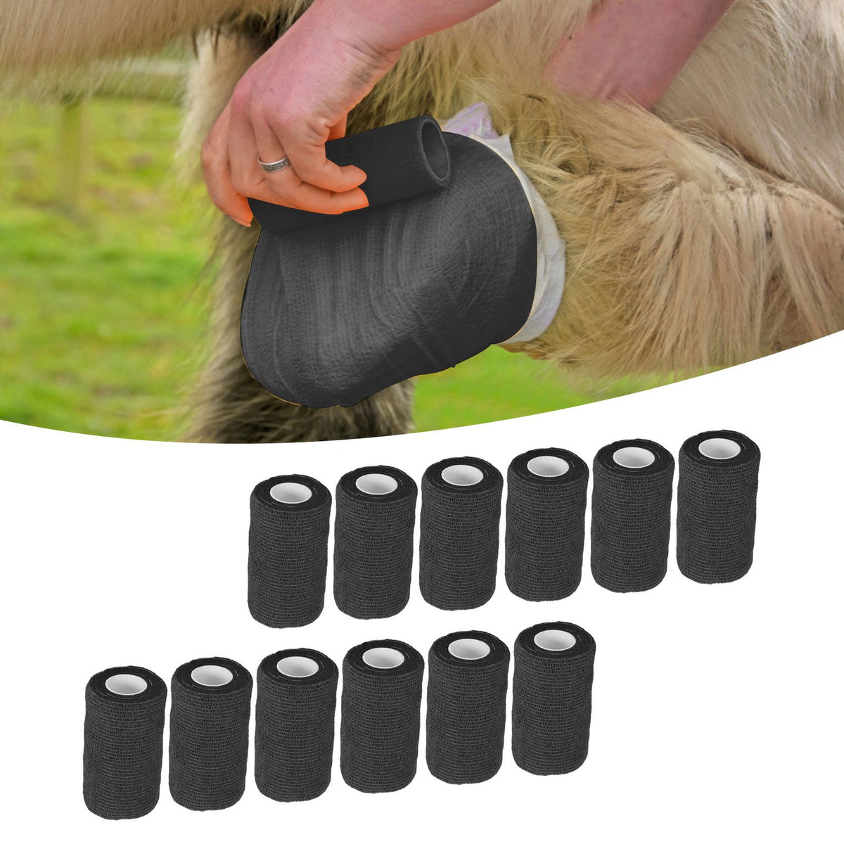 12Pcs Bandage Wrap Natural Latex Elastic Self Adhesive Wrap for Cows Dogs Horses 10cm Black