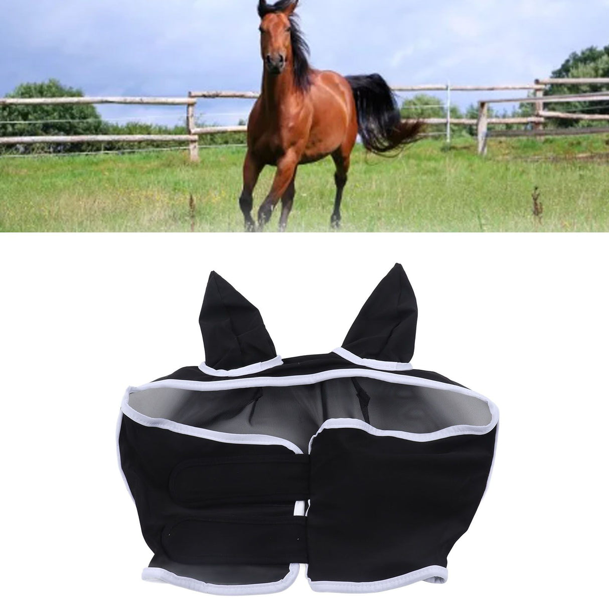 Horse Fly Mask Breathable Comfortable Soft Fine Mesh Design Horse Face Mask Horse Supplies with Ears Black