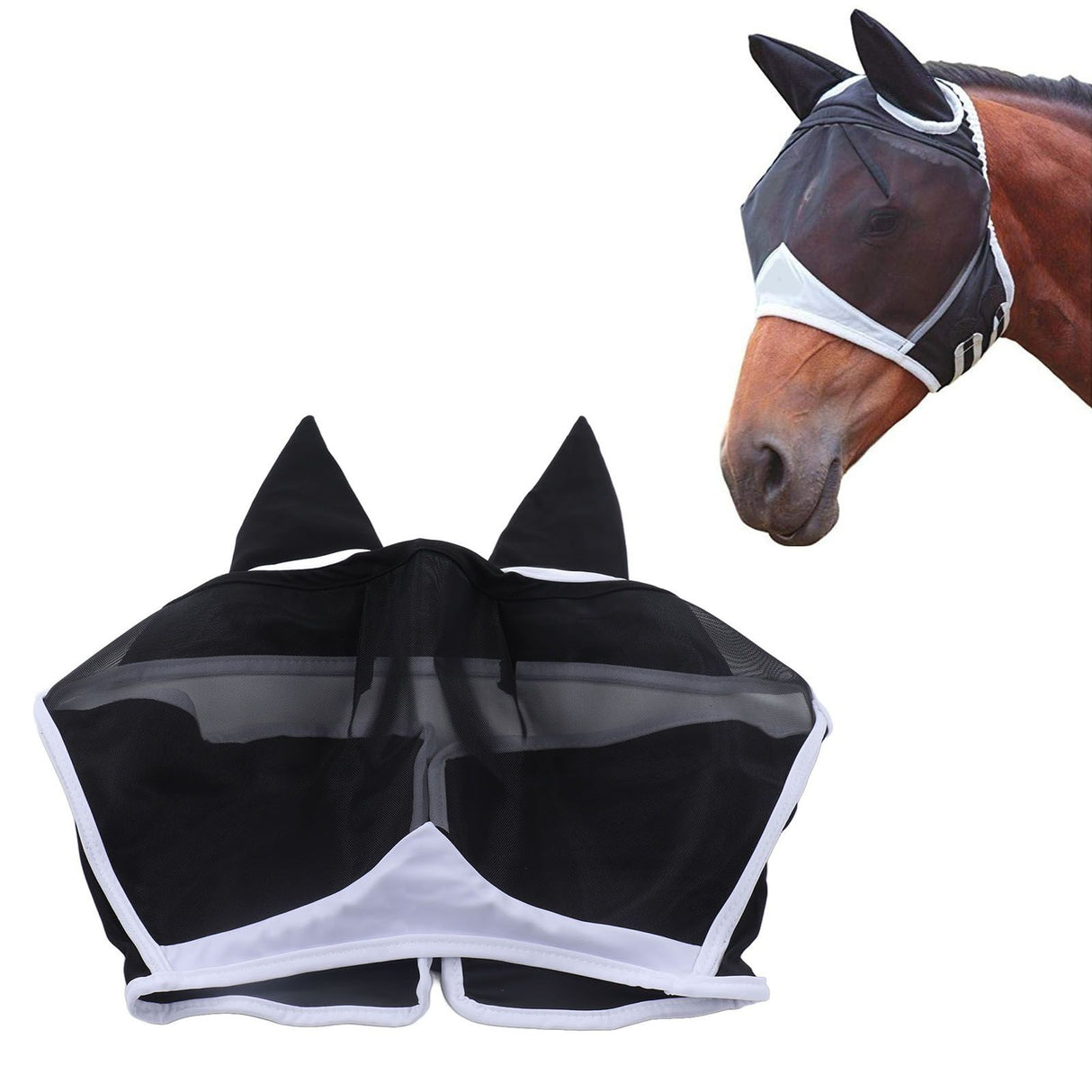 Horse Fly Mask Breathable Comfortable Soft Fine Mesh Design Horse Face Mask Horse Supplies with Ears Black