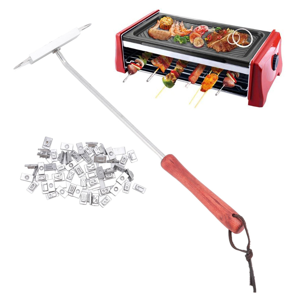 BBQ Branding Iron English Letters Stainless Steel Steak Branding Iron with Wooden Handle for Grilling
