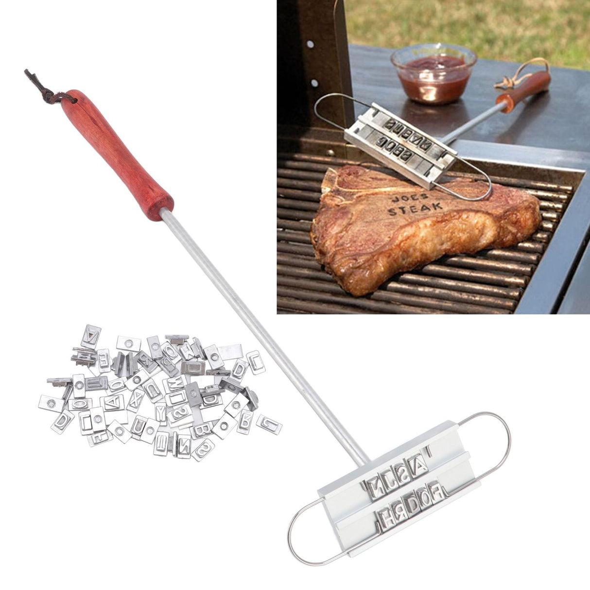 BBQ Branding Iron English Letters Stainless Steel Steak Branding Iron with Wooden Handle for Grilling