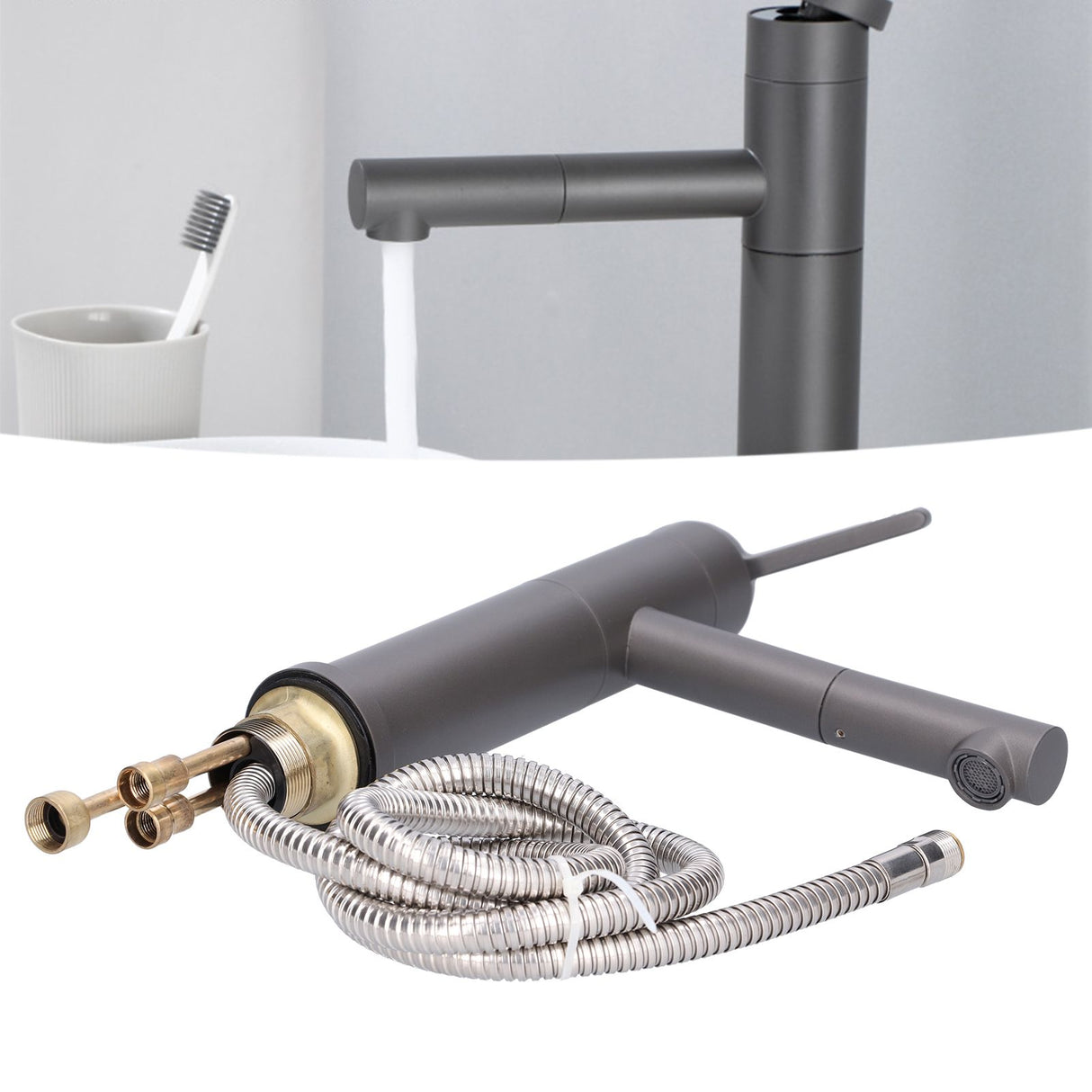 G1/2 Above Counter Basin Pull Out Faucet Set Cold Hot Mixing Water Tap with Water Pipes for Home Bathroom Gray