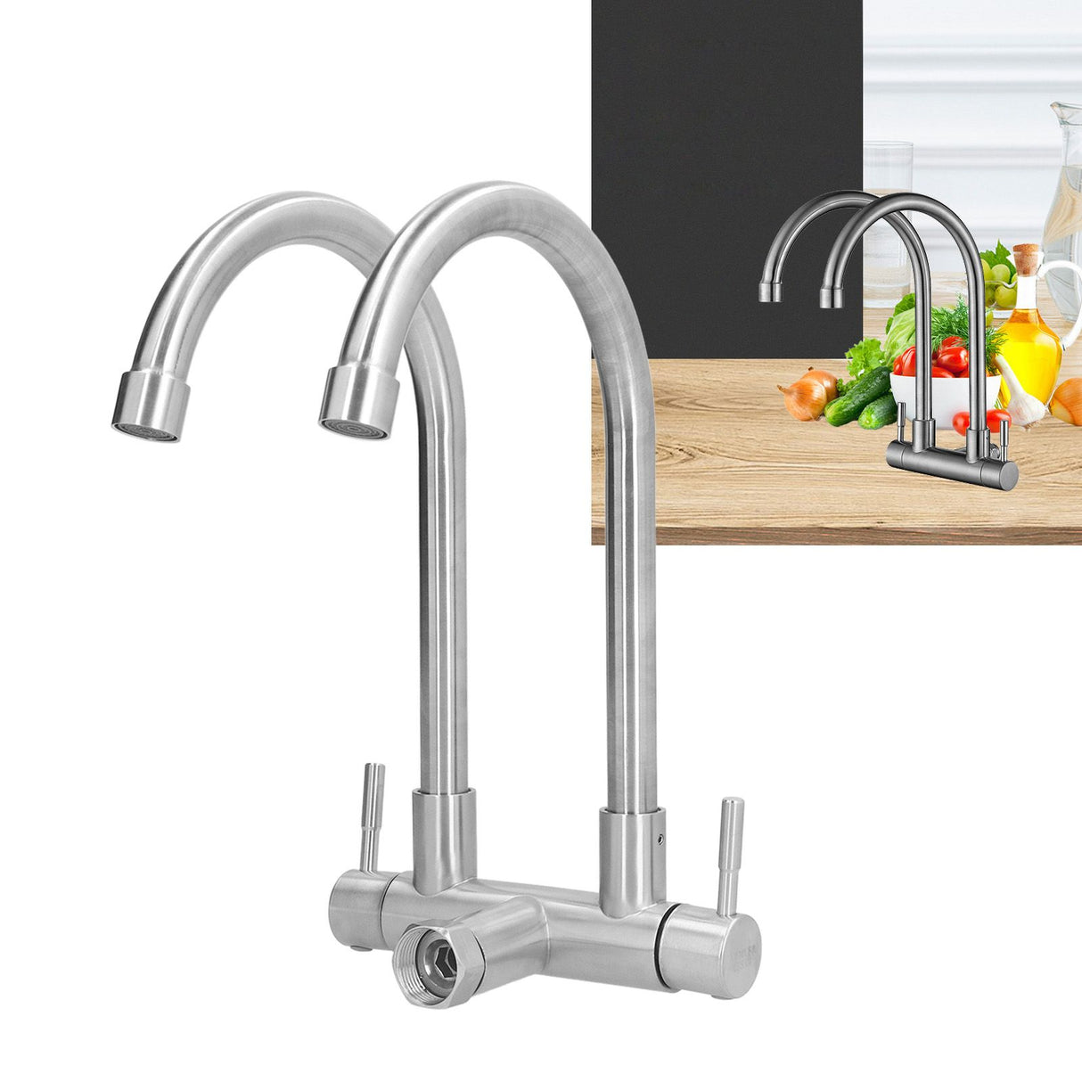 G3/4 Double Nozzle Single Cold Faucet 360 Degree Rotating 304 Stainless Steel Basin Tap for Kitchen Bathroom
