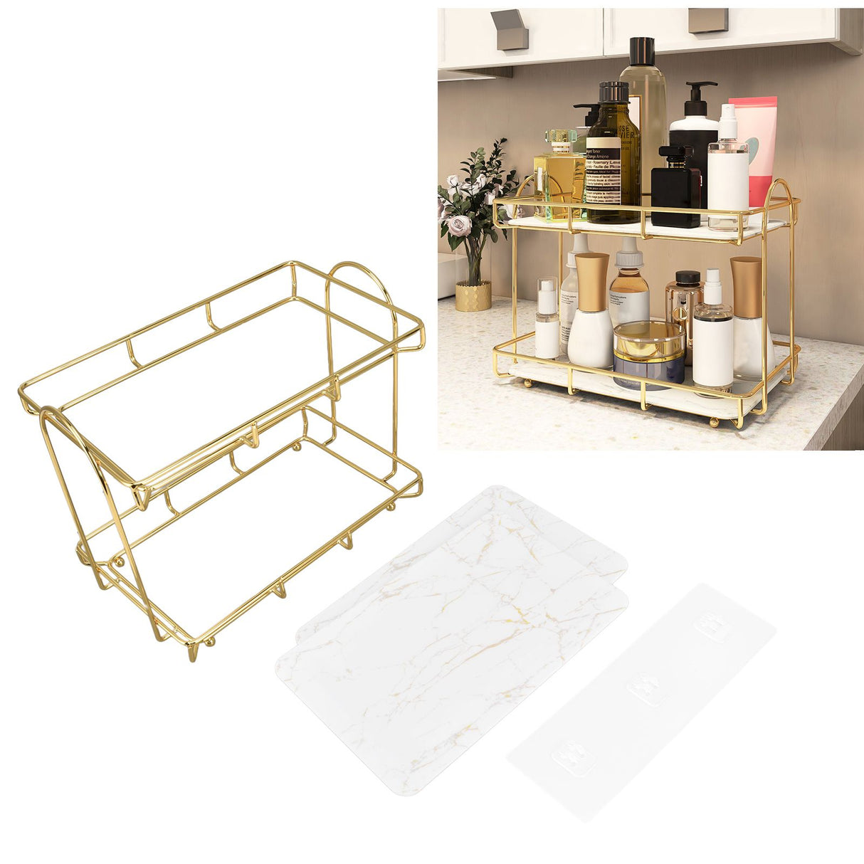 Bathroom Countertop Rack Large Capacity 2 Tiers Gold Bathroom Countertop Rack for Home Hotel
