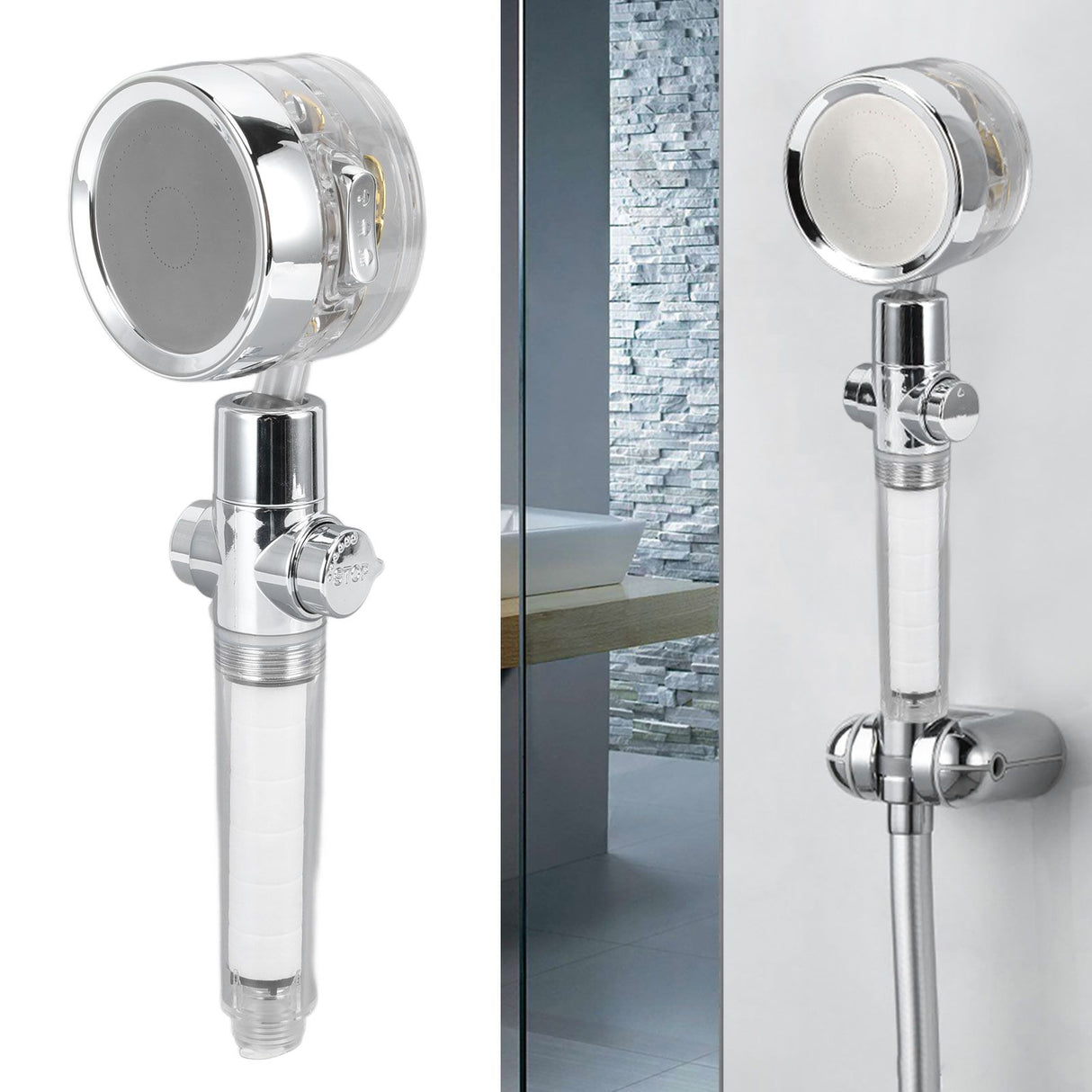 Propeller Shower Head Vortex Hydro Jet 360° Rotating Handheld with Pause Switch Filter G1/2