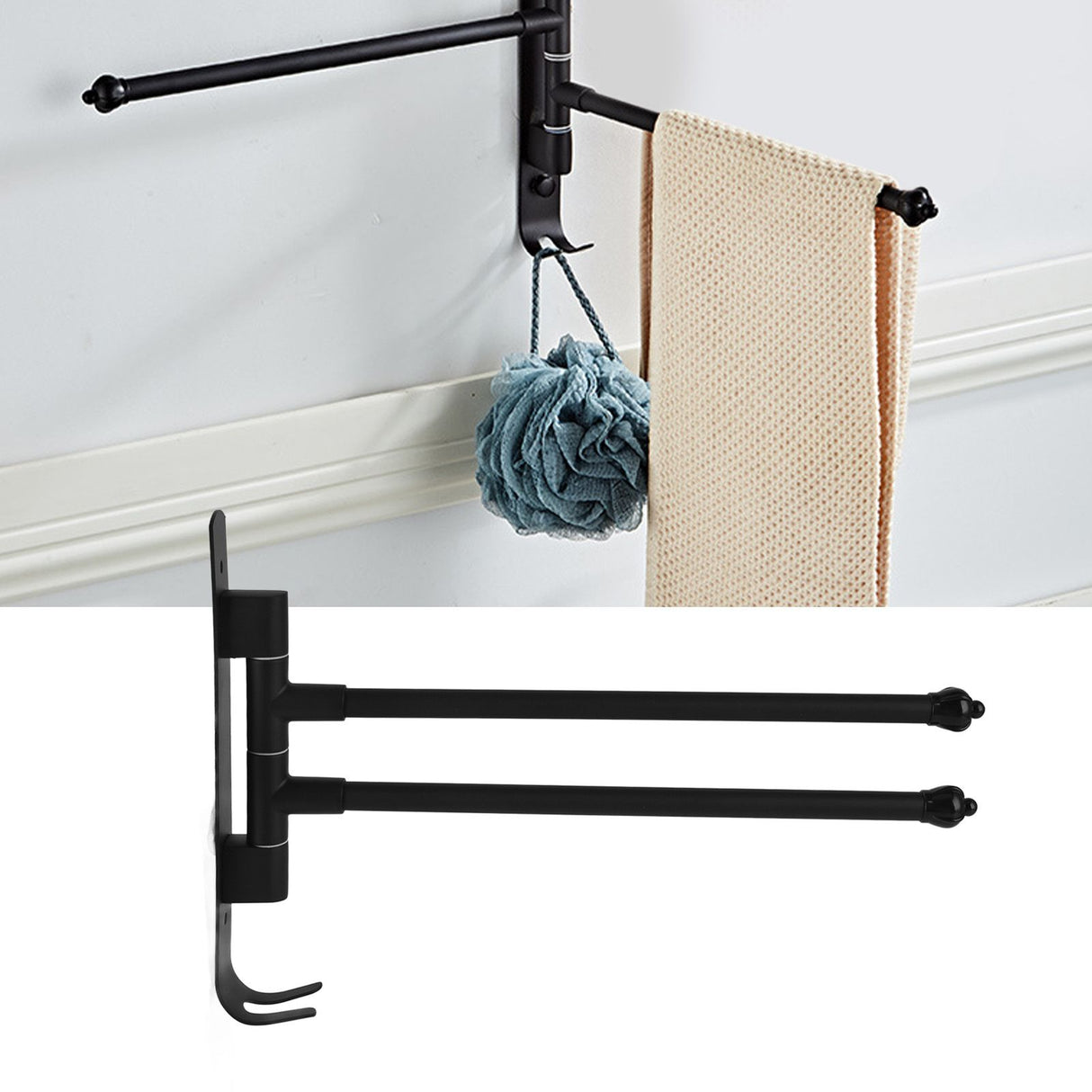 Stainless Steel Swivel Towel Hanger Holder Black Rotating Movable Towel Bar for Bathroom Wardrobe Kitchen2 Arms