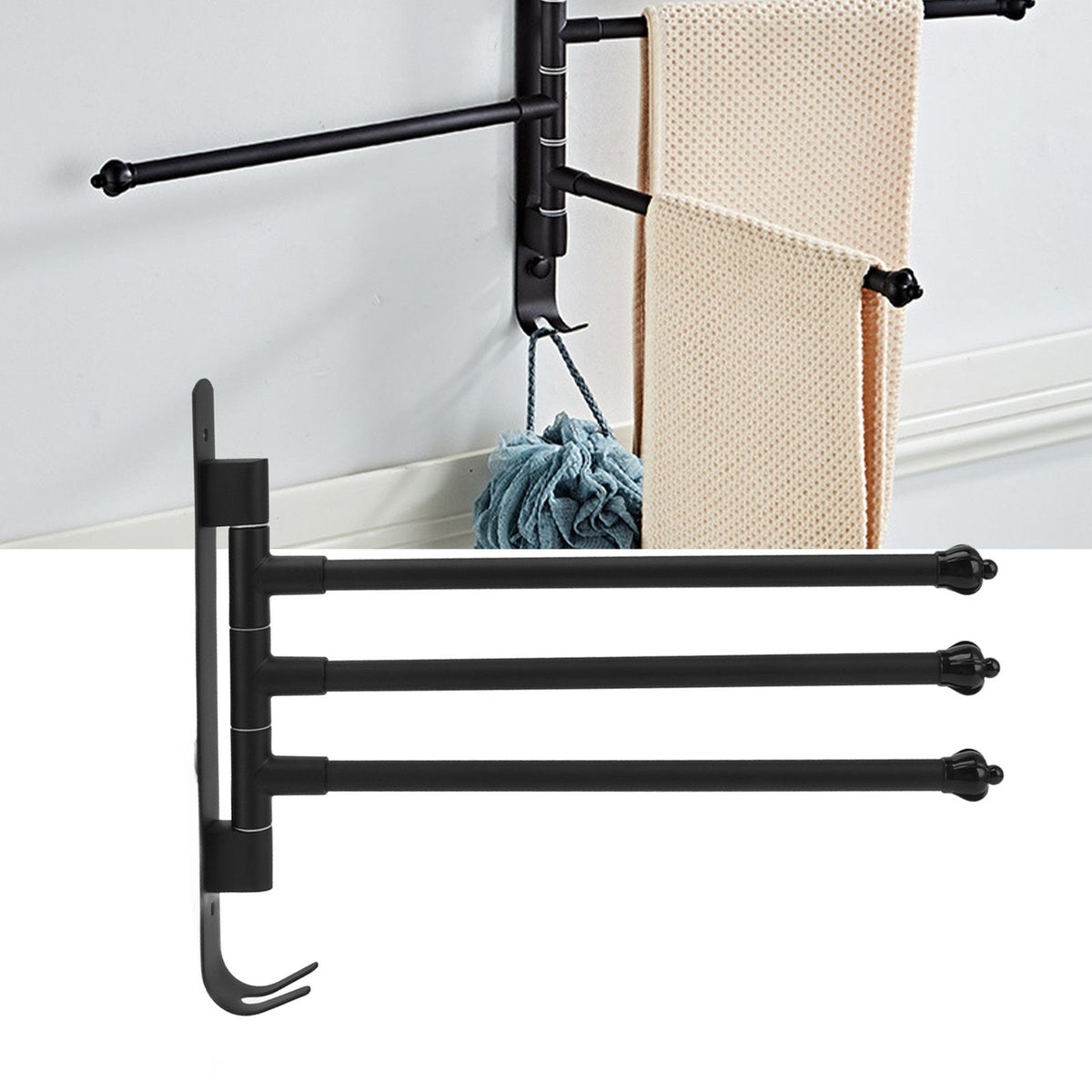 Stainless Steel Swivel Towel Hanger Holder Black Rotating Movable Towel Bar for Bathroom Wardrobe Kitchen3 Arms